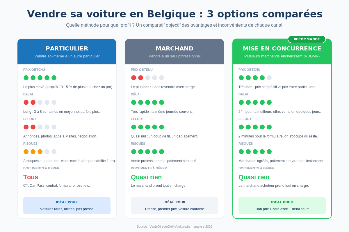 Comparatif des 3 m&eacute;thodes de vente : particulier, marchand, mise en concurrence